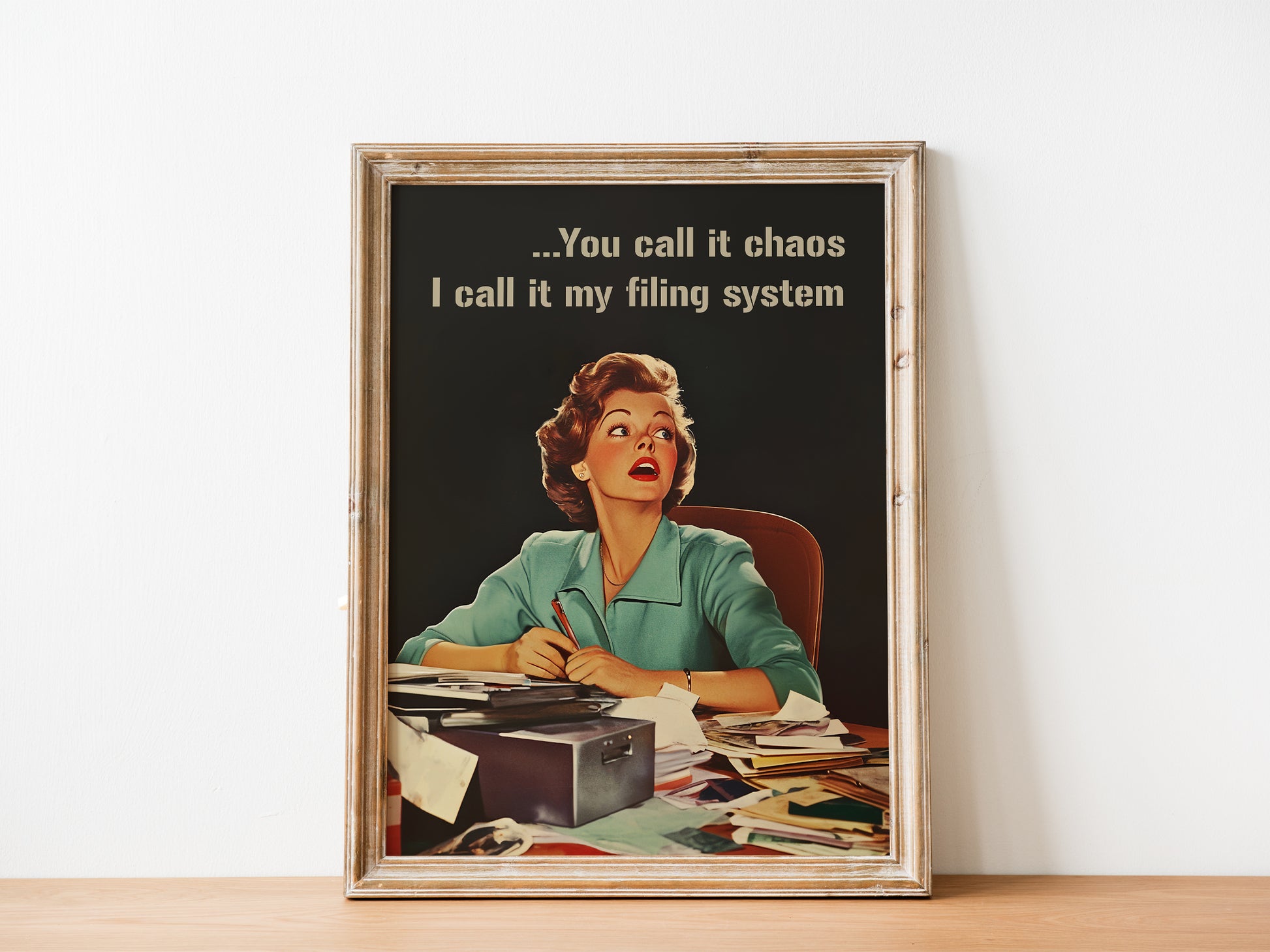 Retro Woman Poster Funny Office Wall Art Trendy Housewife Wall Art Sarcastic Quote Vertical Poster Funny Work Poster Work From Home Art "You call if chaos I call it my filing system"