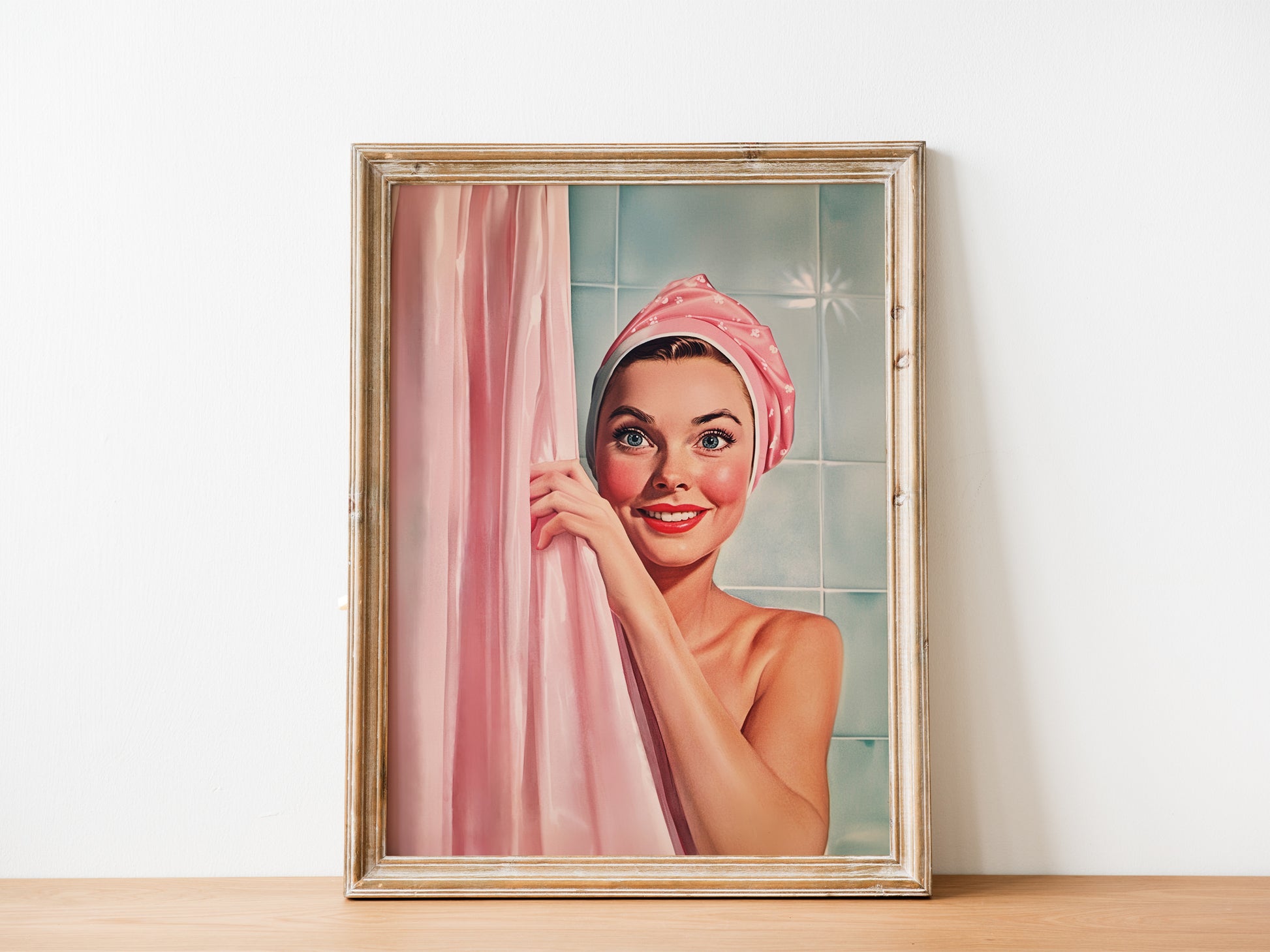 Retro Bathroom Wall Art Shower Room Wall Print Retro Housewife Art  Pink and blue Toilet Art Print Fun Bathroom Decor Happy Housewife Hiding Behind a shower curtain Bath Time Poster 