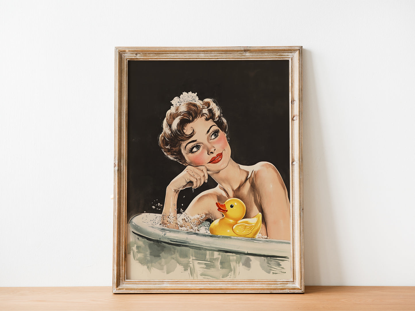 Retro Bathroom Wall Art Funny Housewife in Bathtub Art Print Yellow Rubber Duck Print Fun Poster 50s 60s Shower Room Wall Print Black Toilet Art Guest Bathroom Vintage Art