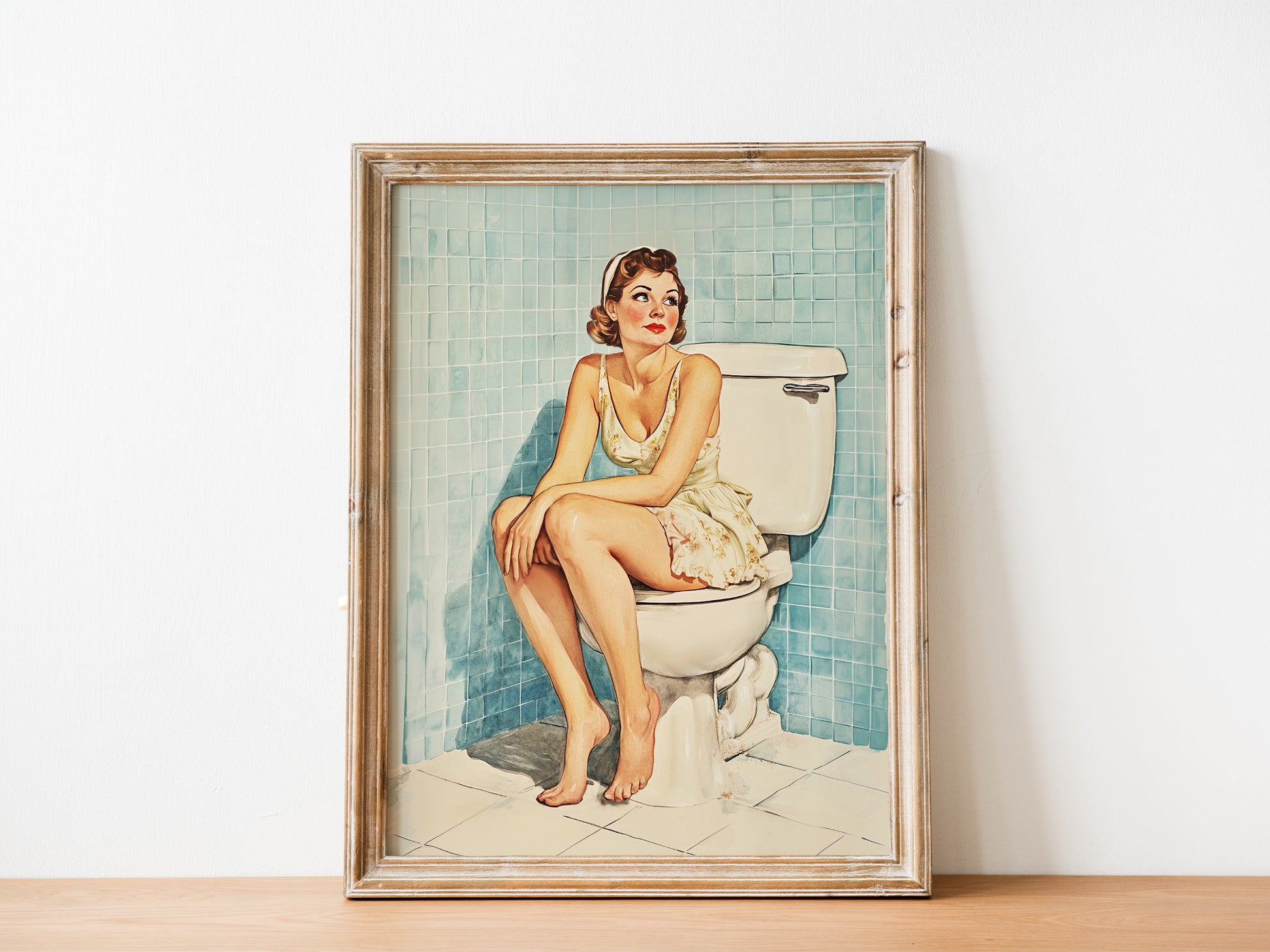 Funny Bathroom Wall Art Blue Toilet Poster Funny Retro Housewife Art Above Toilet Wall Decor Fun Sitting on a Toilet Poster Retro Home Wall Decor 