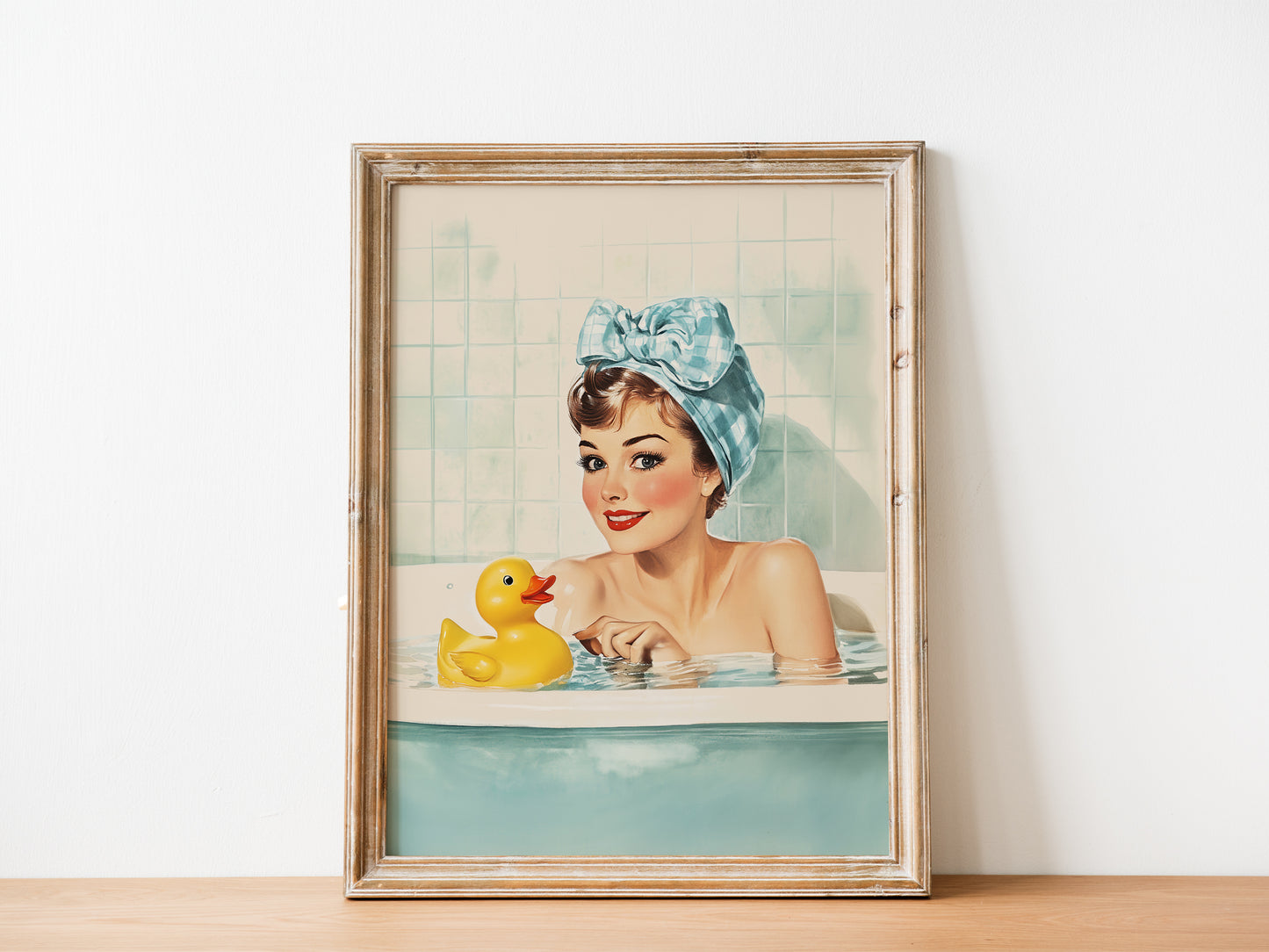 Retro Housewife in a tub with a yellow rubber duck Funny Bathroom Wall Art Bath Time Poster Yellow Rubber Duck Art Fun Housewife Art 50s 60s Shower Room Poster Wall Decor Blue Toilet Art from AnnoyingSeagull