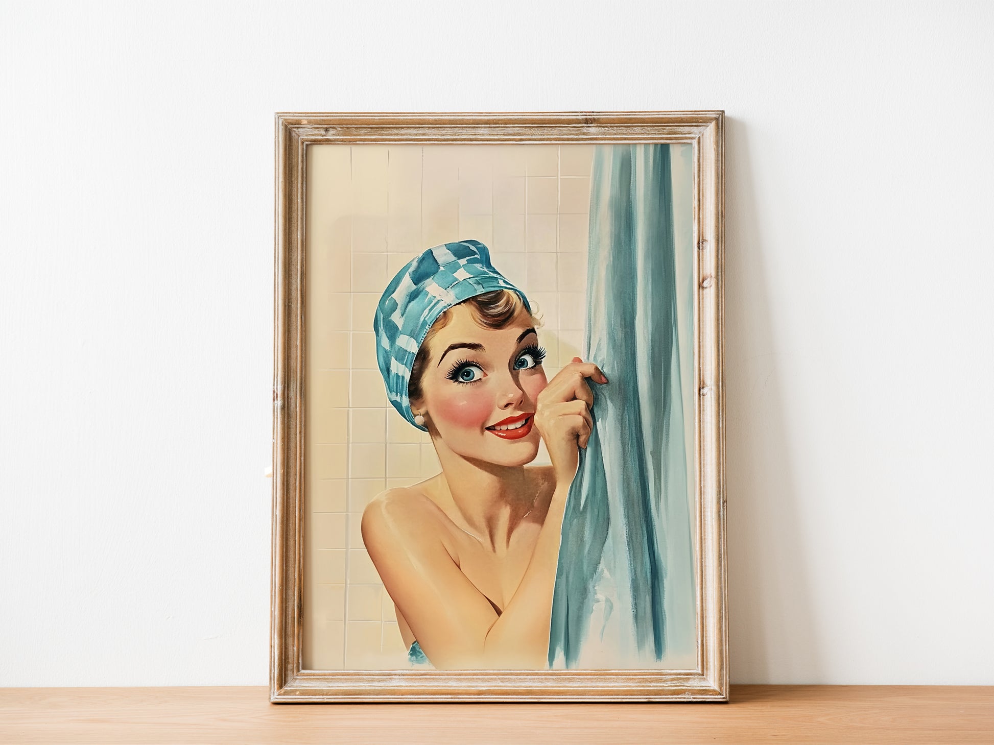 Funny Shower Room Wall Print Blue Toilet Poster Funny Bathroom Poster Bathroom Wall Art 50s 60s Bath Time Print Retro Housewife in a shower cap taking a shower and hiding behind a curtain
