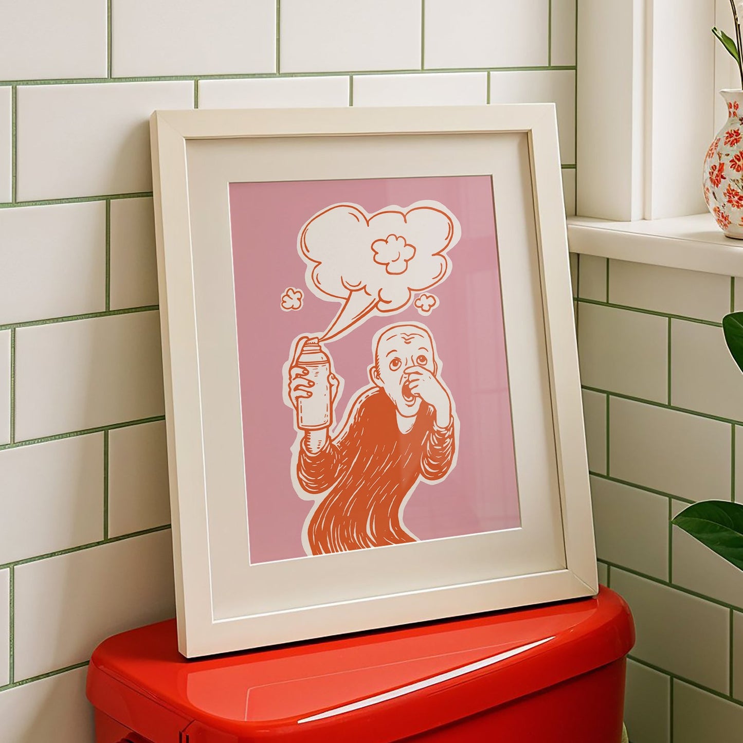 Parody of The Scream artwork showing a figure holding toilet spray with pink background, humorous loo art poster or funny toilet poster, funny bathroom art.
