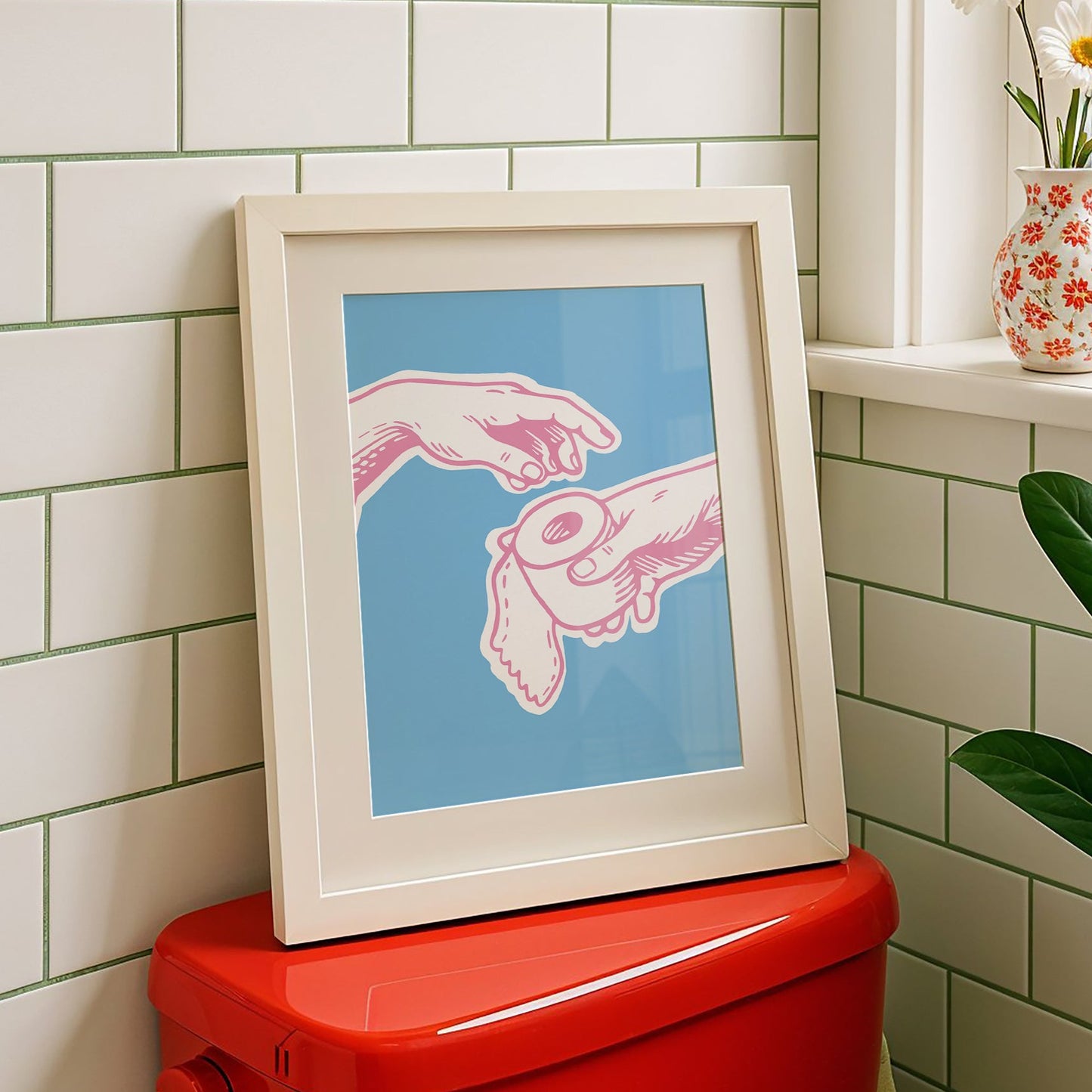 Michelangelo Hand of God parody poster showing hands passing toilet paper, bold blue and pink funny bathroom wall art for powder room decor.