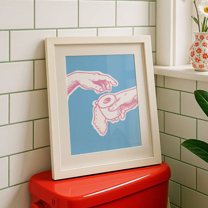 Michelangelo Hand of God parody poster showing hands passing toilet paper, bold blue and pink funny bathroom wall art for powder room decor.