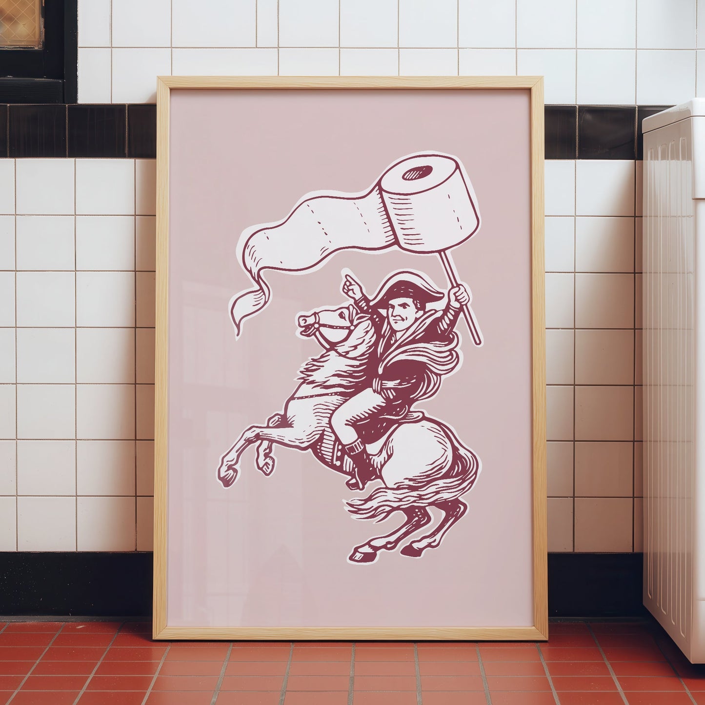 Minimalist pink line art poster of a knight riding a horse while holding toilet paper, funny bathroom wall art for guest bathroom and powder room decor.