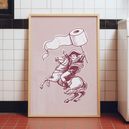 Minimalist pink line art poster of a knight riding a horse while holding toilet paper, funny bathroom wall art for guest bathroom and powder room decor.
