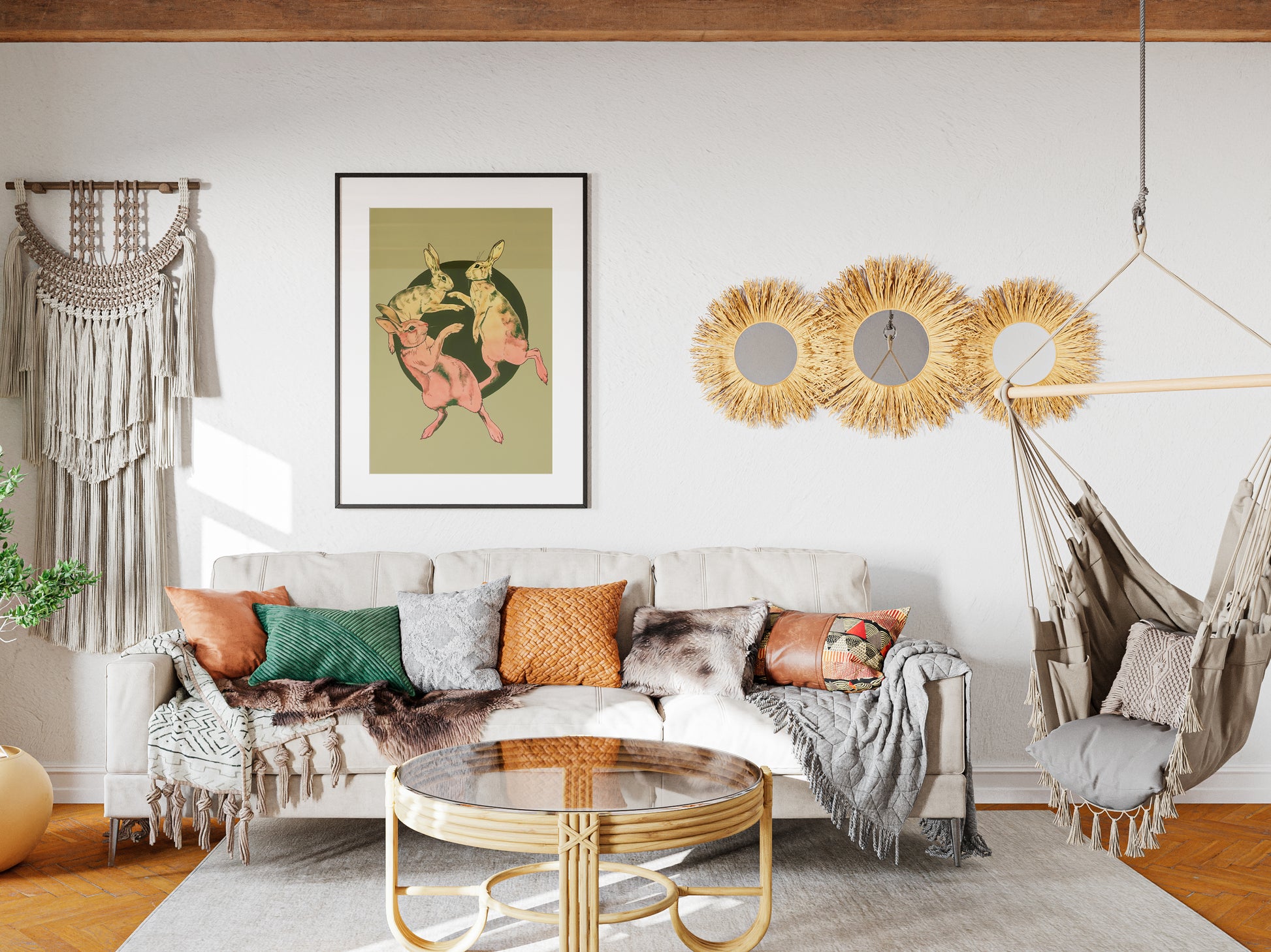 Retro Rabbits Poster Dancing Art Print Vintage Bunny Art Print Green Animal Art Funny Animal Poster Vintage Nursery Wall Art