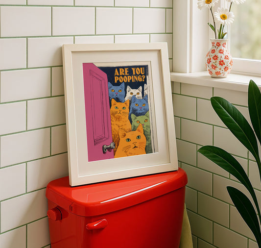 Are You Pooping? Funny Cat Bathroom Poster Colorful Toilet Wall Art