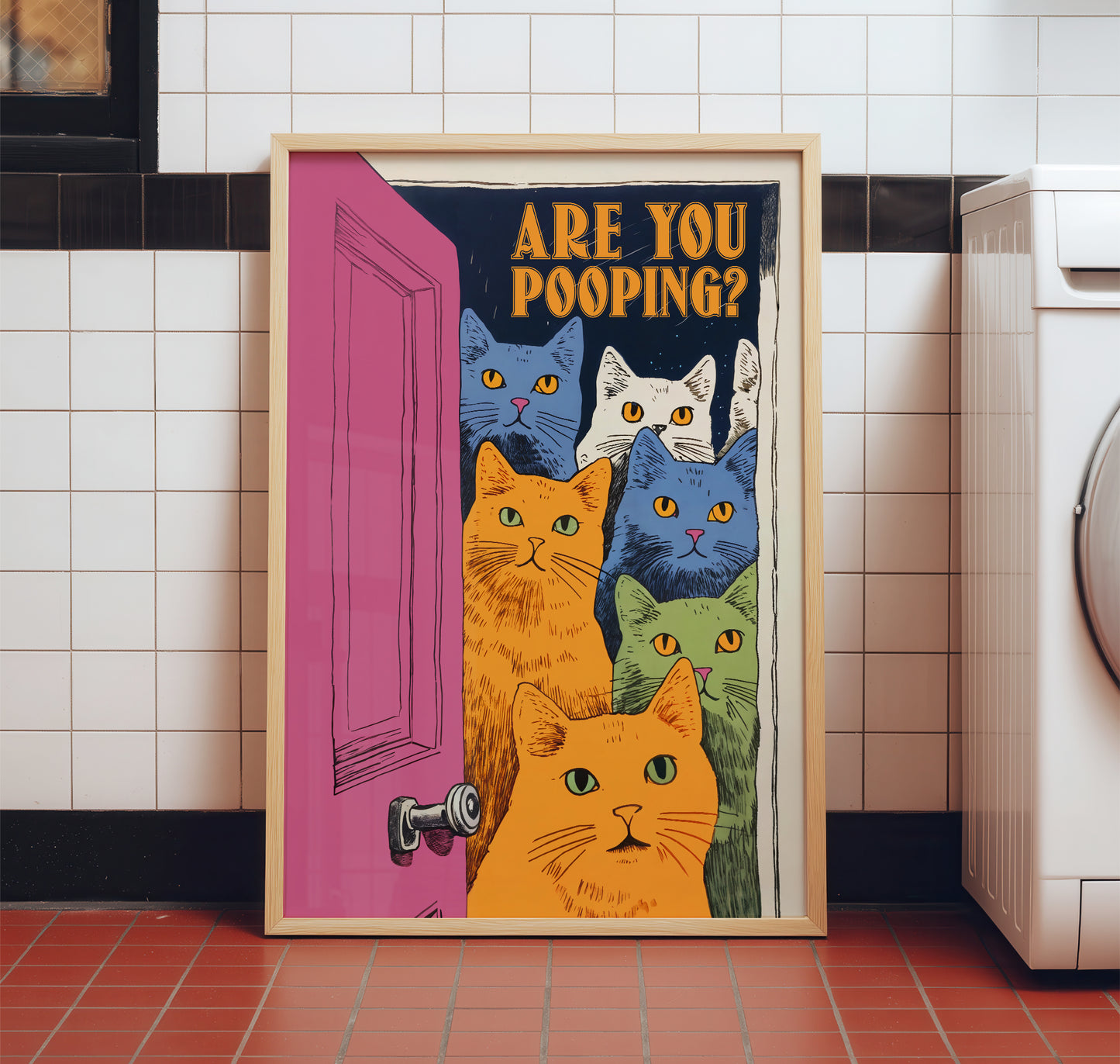 Are You Pooping? Funny Cat Bathroom Poster Colorful Toilet Wall Art