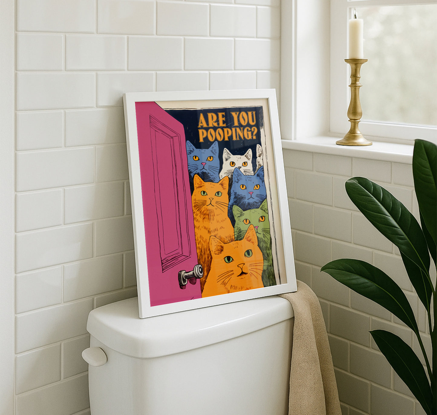 Are You Pooping? Funny Cat Bathroom Poster Colorful Toilet Wall Art
