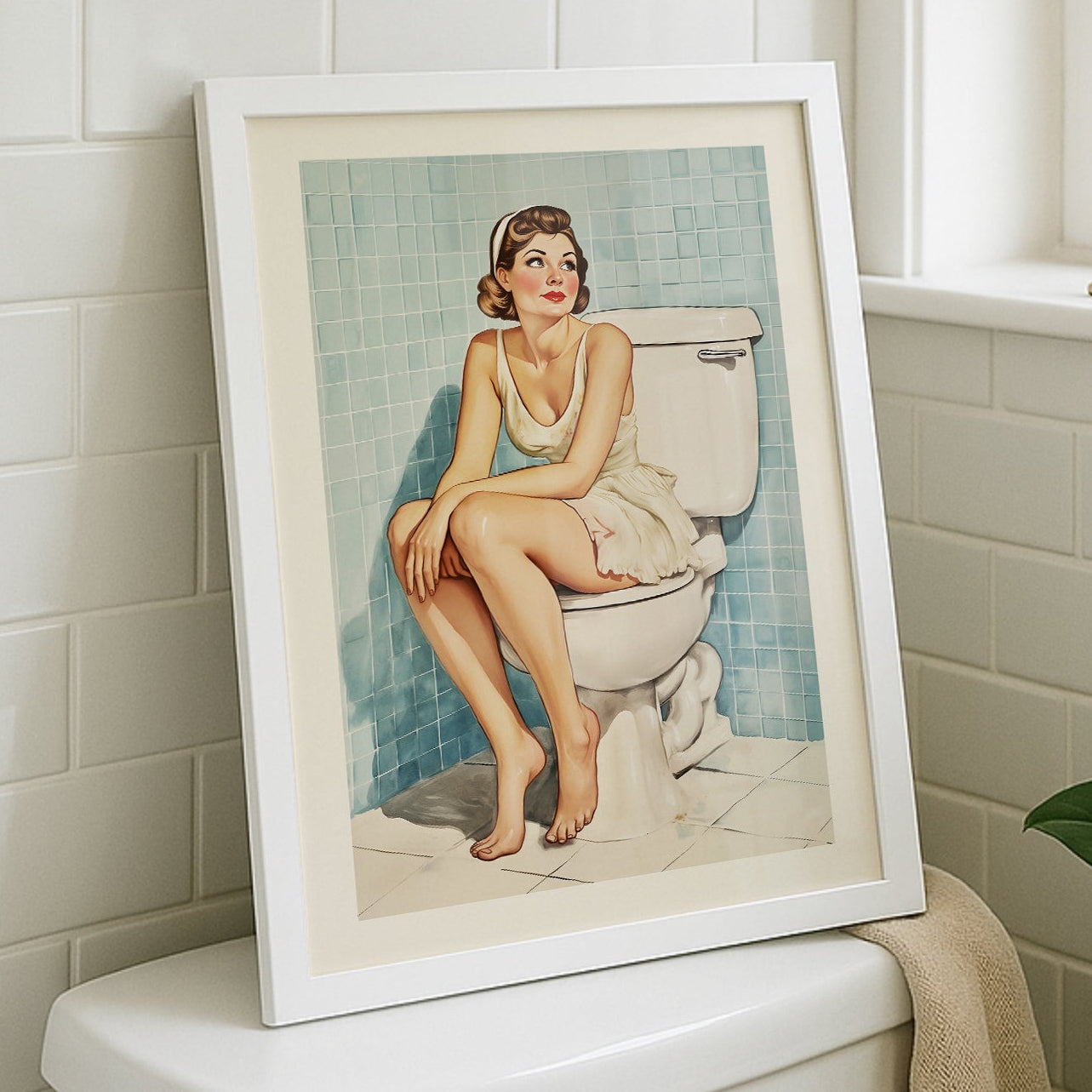 Vintage-style illustration of a glamorous pin-up woman in a white slip sitting on a toilet in a blue-tiled 1950s bathroom.