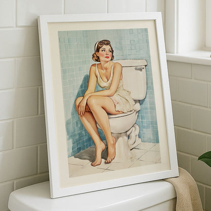 Vintage-style illustration of a glamorous pin-up woman in a white slip sitting on a toilet in a blue-tiled 1950s bathroom.