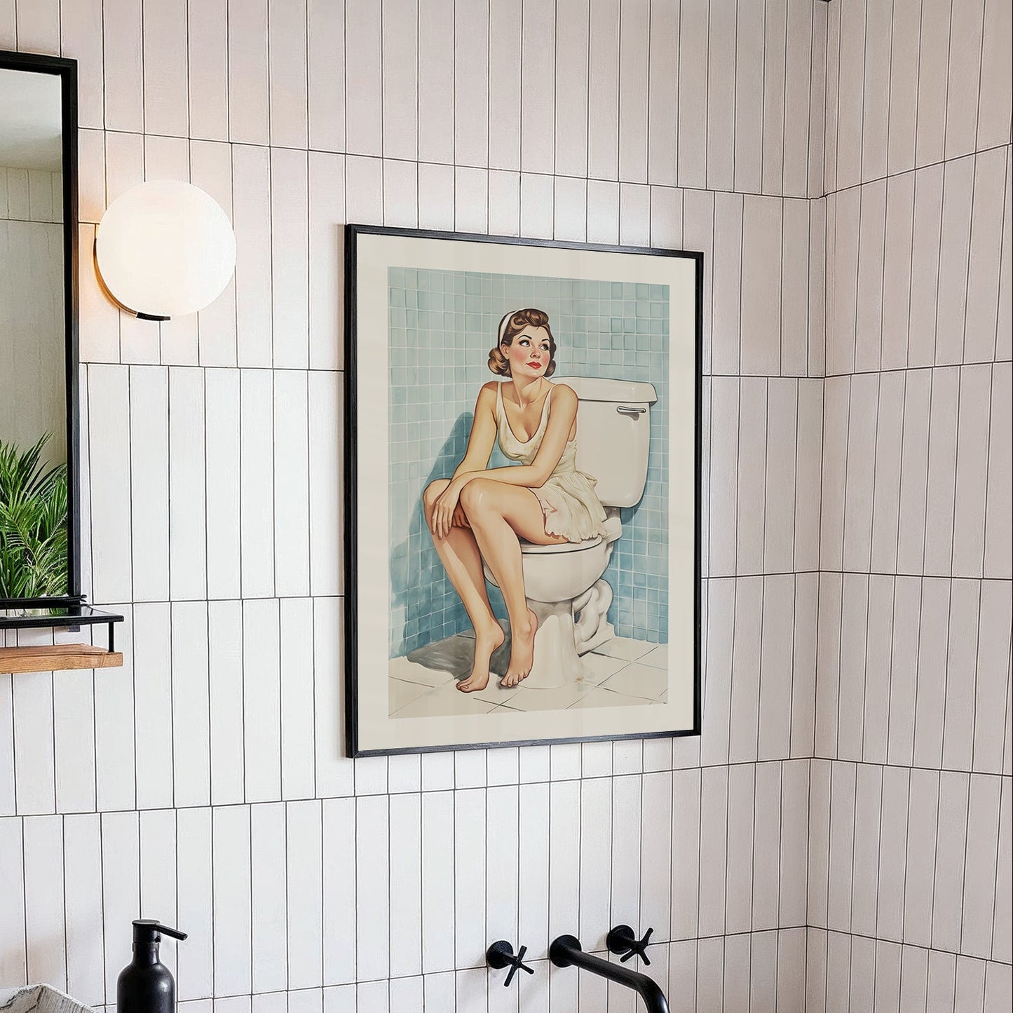 Vintage-style illustration of a glamorous pin-up woman in a white slip sitting on a toilet in a blue-tiled 1950s bathroom.