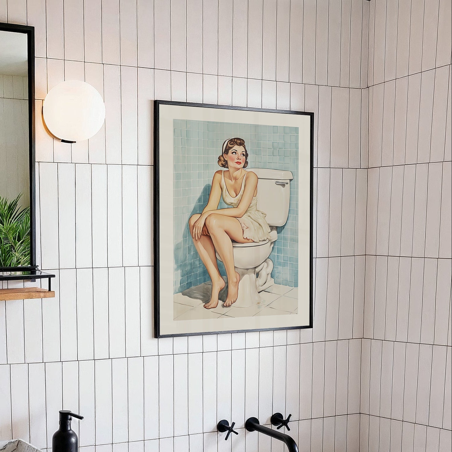 Vintage-style illustration of a glamorous pin-up woman in a white slip sitting on a toilet in a blue-tiled 1950s bathroom.