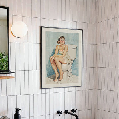 Vintage-style illustration of a glamorous pin-up woman in a white slip sitting on a toilet in a blue-tiled 1950s bathroom.