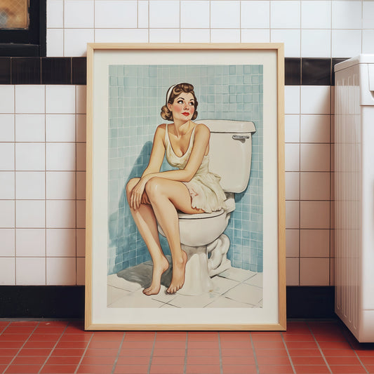 Vintage-style illustration of a glamorous pin-up woman in a white slip sitting on a toilet in a blue-tiled 1950s bathroom.
