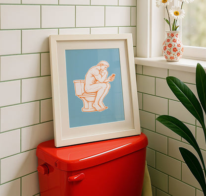 Modern toilet poster of a man on toilet with a phone in hand in a thinker parody pose, minimalist bright blue white and orange funny toilet print  and funny bathroom decor idea.