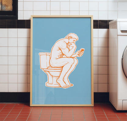 Modern toilet poster of a man on toilet with a phone in hand in a thinker parody pose, minimalist bright blue white and orange funny toilet print  and funny bathroom decor idea.