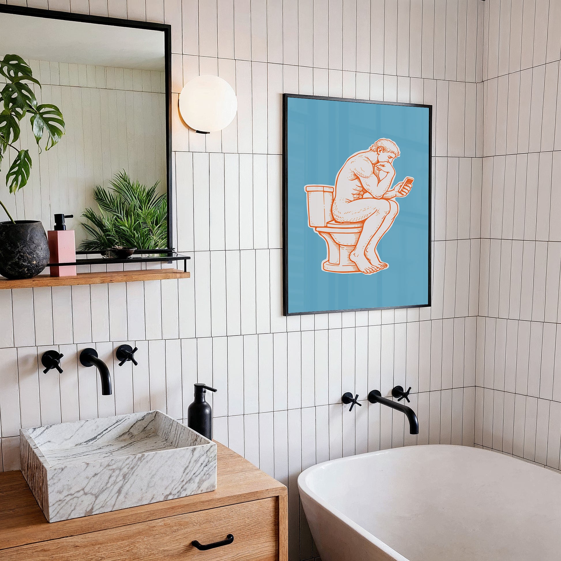 Modern toilet poster of a man on toilet with a phone in hand in a thinker parody pose, minimalist bright blue white and orange funny toilet print  and funny bathroom decor idea.