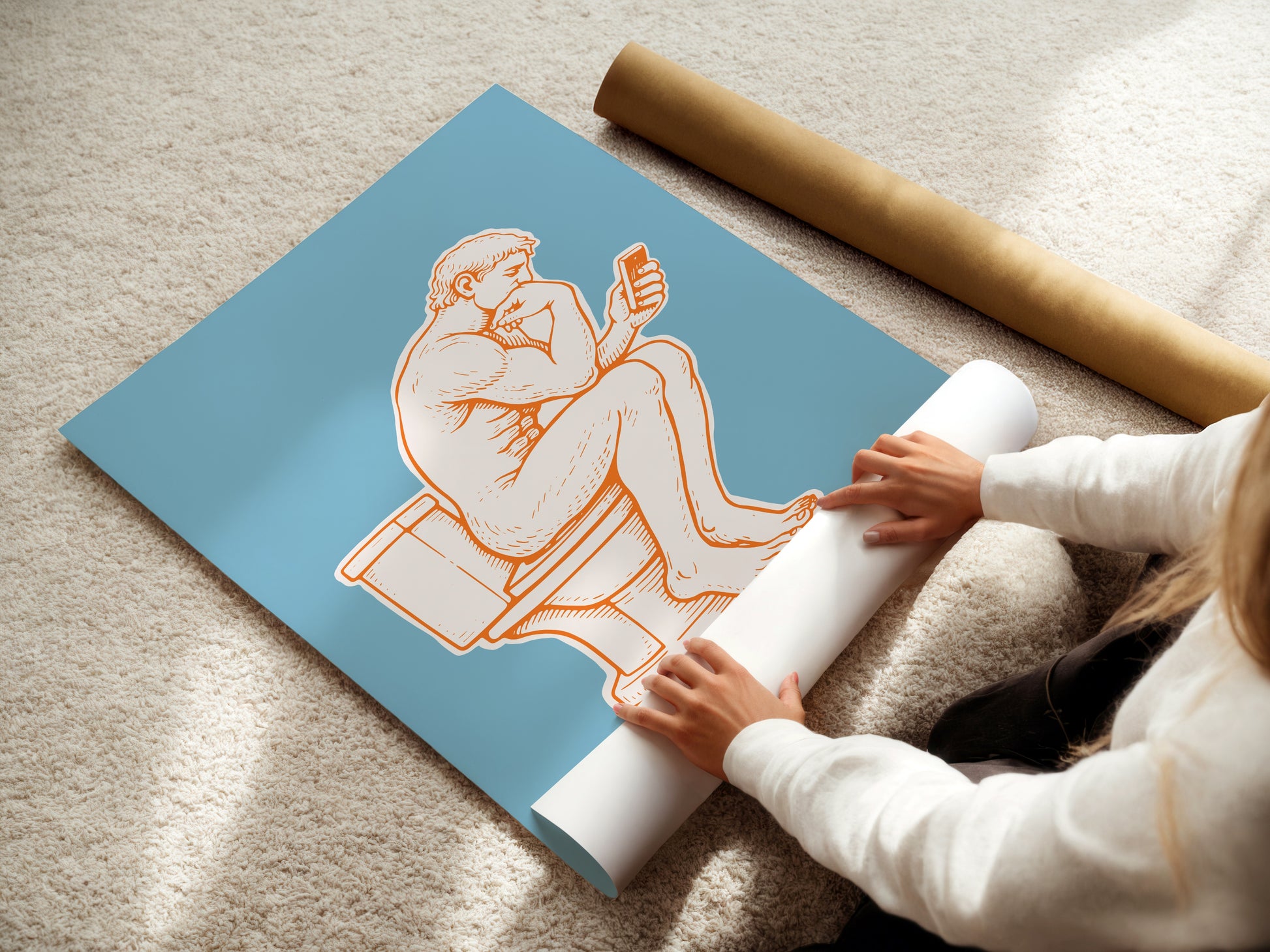 Modern toilet poster of a man on toilet with a phone in hand in a thinker parody pose, minimalist bright blue white and orange funny toilet print  and funny bathroom decor idea. Annoying Seagull shop