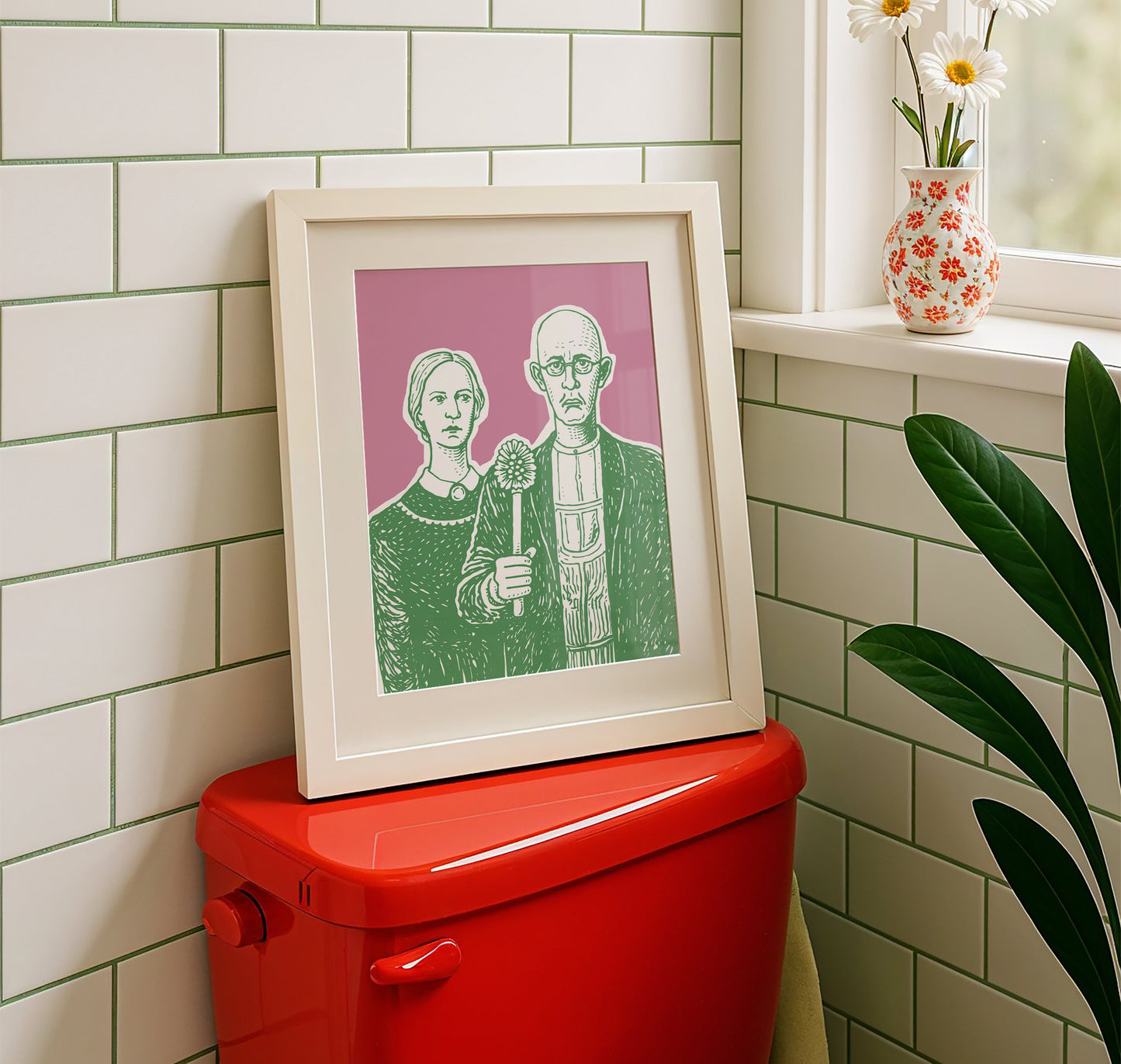 Funny bathroom art parody poster in green pink art style inspired by american gothic, modern bathroom decor idea toilet poster for restroom wall art and powder room decor.