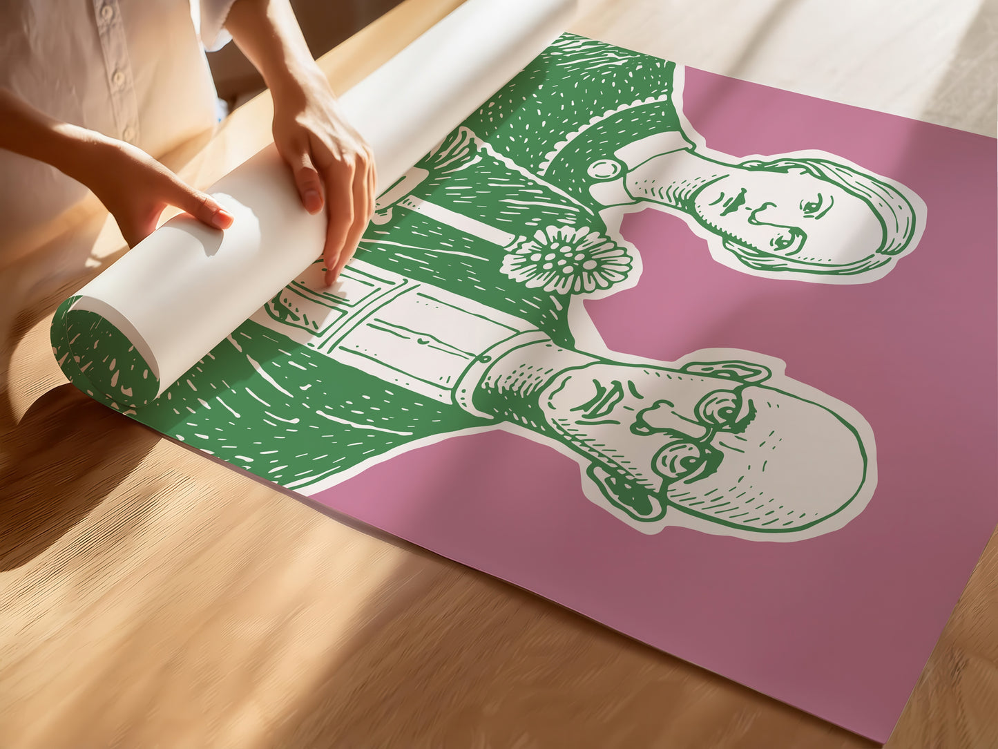 Funny bathroom art parody poster in green pink art style inspired by american gothic, modern bathroom decor idea toilet poster for restroom wall art and powder room decor.