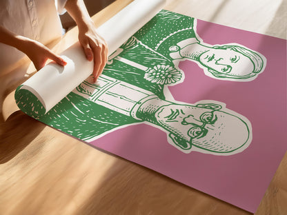 Funny bathroom art parody poster in green pink art style inspired by american gothic, modern bathroom decor idea toilet poster for restroom wall art and powder room decor.