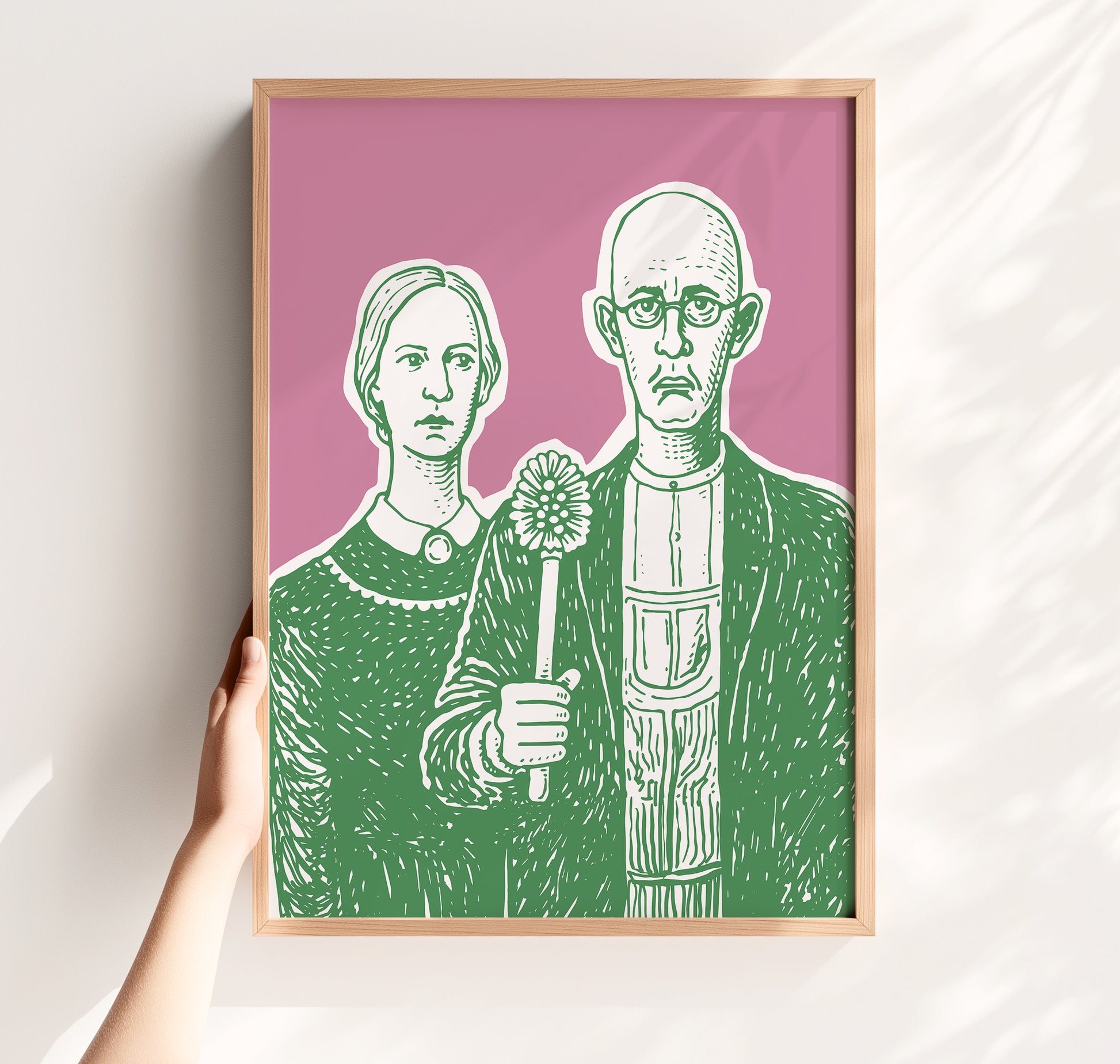 Funny bathroom art parody poster in green pink art style inspired by american gothic, modern bath decor toilet poster for restroom wall art and powder room decor. Annoying Seagull shop
