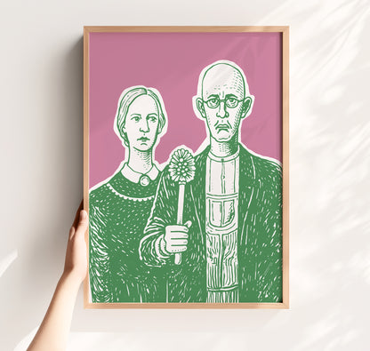 Funny bathroom art parody poster in green pink art style inspired by american gothic, modern bath decor toilet poster for restroom wall art and powder room decor. Annoying Seagull shop