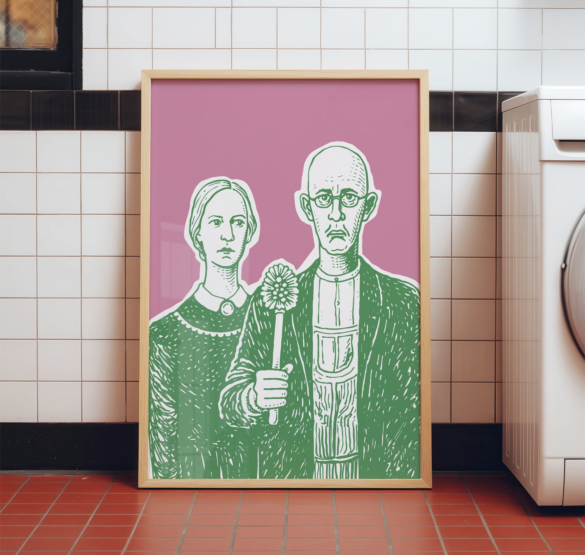 Funny bathroom art parody poster in green pink art style inspired by american gothic, modern bathroom decor idea toilet poster for restroom wall art and powder room decor.