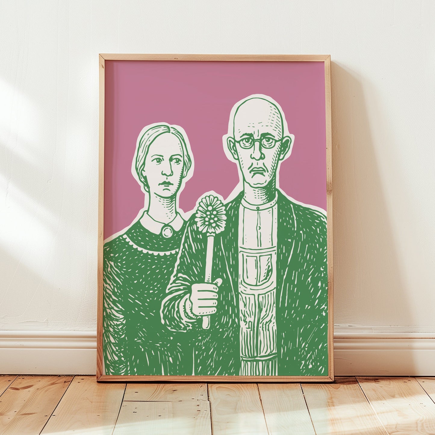 Funny bathroom art parody poster in green pink art style inspired by american gothic, modern bathroom decor idea toilet poster for restroom wall art and powder room decor.