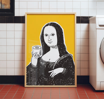 Hand drawn Mona Lisa classic art parody holding a toilet paper roll, yellow and black funny bathroom wall art print for powder room or guest bathroom decor.