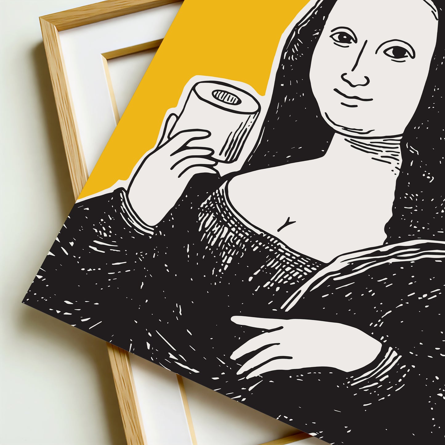 Hand drawn Mona Lisa classic art parody holding a toilet paper roll, yellow and black funny bathroom wall art print for powder room or guest bathroom decor.