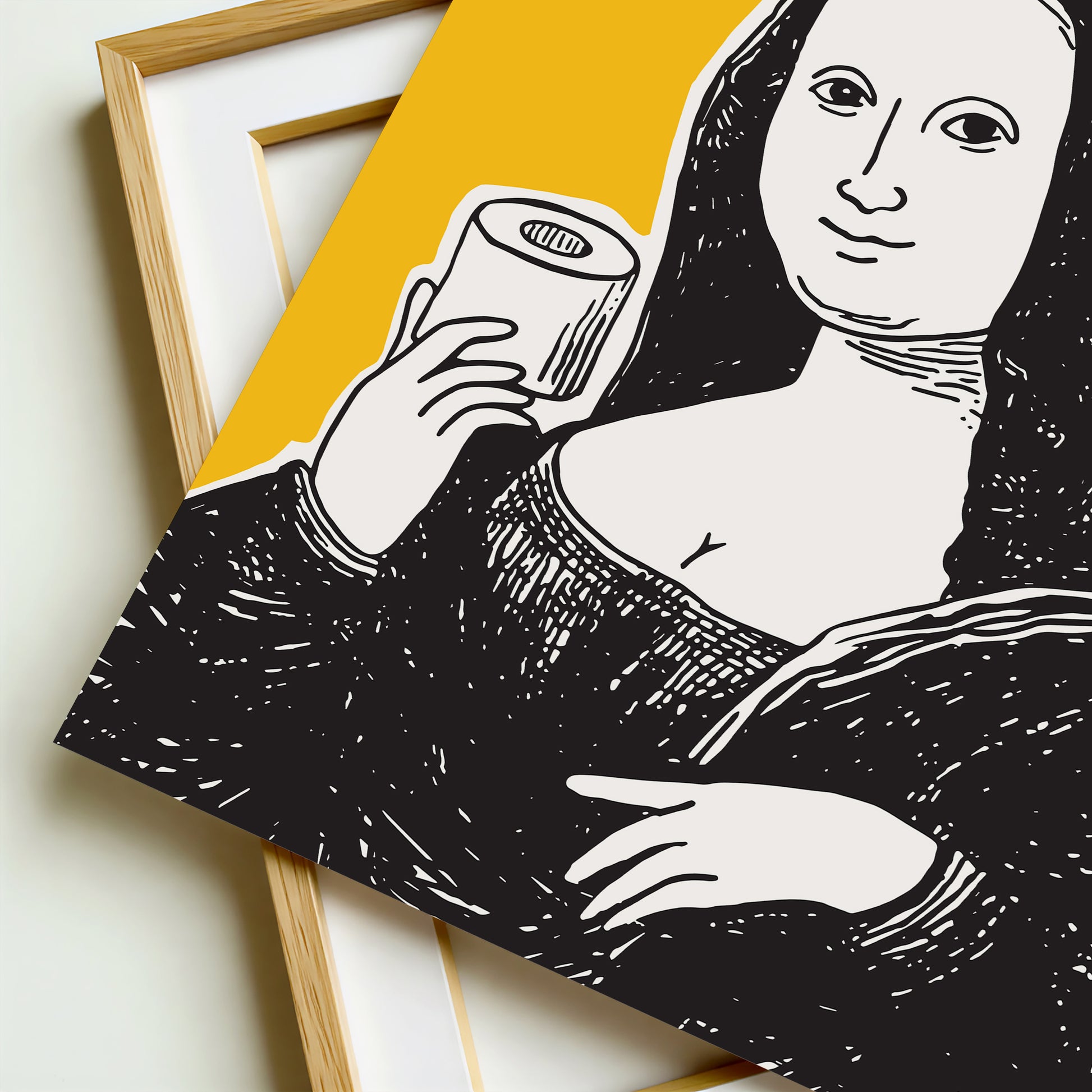 Hand drawn Mona Lisa classic art parody holding a toilet paper roll, yellow and black funny bathroom wall art print for powder room or guest bathroom decor.