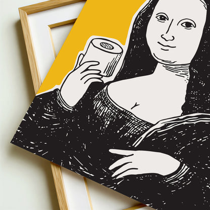 Hand drawn Mona Lisa classic art parody holding a toilet paper roll, yellow and black funny bathroom wall art print for powder room or guest bathroom decor.