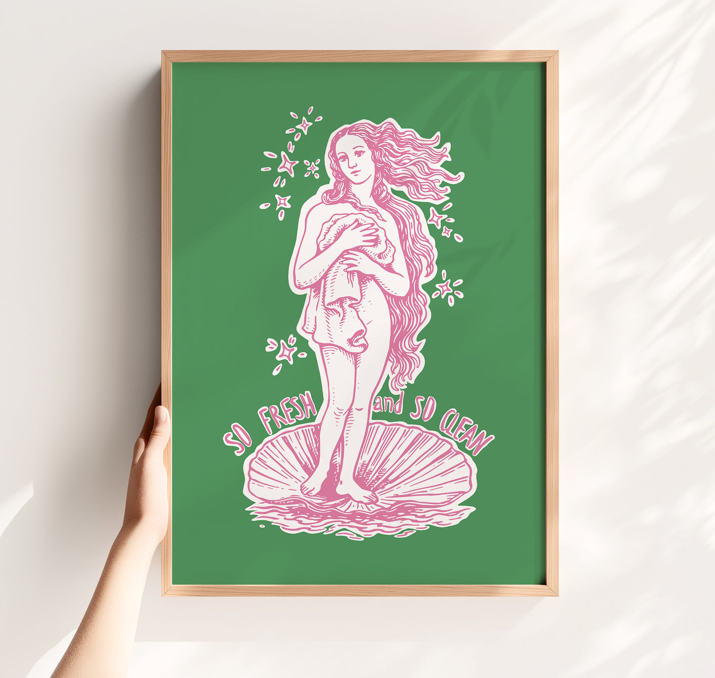 Hand drawn Birth of Venus parody poster with green background and pink line art, featuring the text “So Fresh So Clean,” funny bathroom wall art for restroom or powder room decor.
