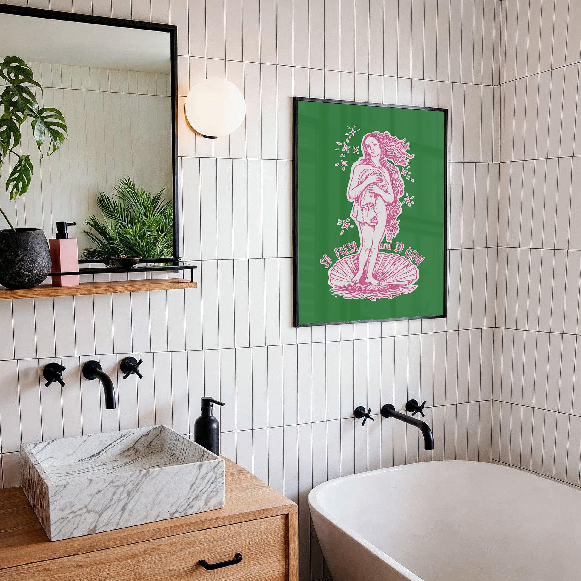 Hand drawn Birth of Venus parody poster with green background and pink line art, featuring the text “So Fresh So Clean,” funny bathroom wall art for restroom or powder room decor.