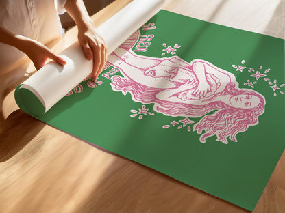 Hand drawn Birth of Venus parody poster with green background and pink line art, featuring the text “So Fresh So Clean,” funny bathroom wall art for restroom or powder room decor.