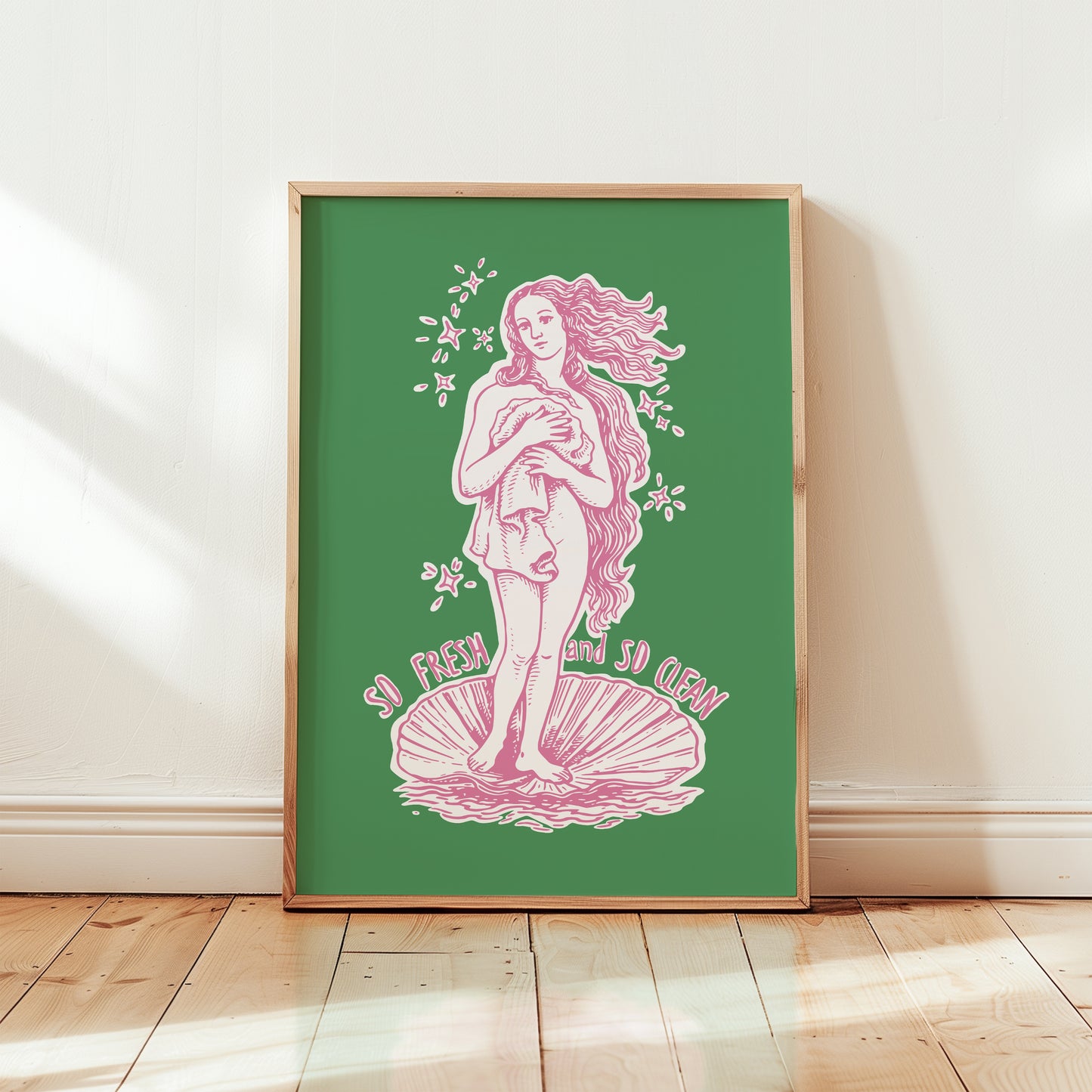Hand drawn Birth of Venus parody poster with green background and pink line art, featuring the text “So Fresh So Clean,” funny bathroom wall art for restroom or powder room decor.