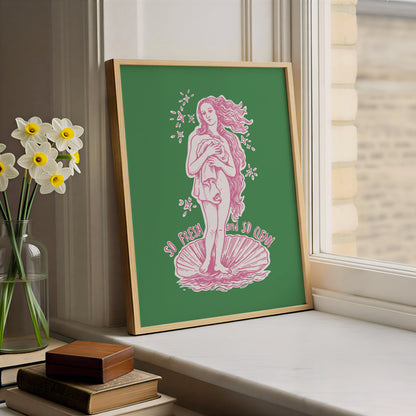 Hand drawn Birth of Venus parody poster with green background and pink line art, featuring the text “So Fresh So Clean,” funny bathroom wall art for restroom or powder room decor.