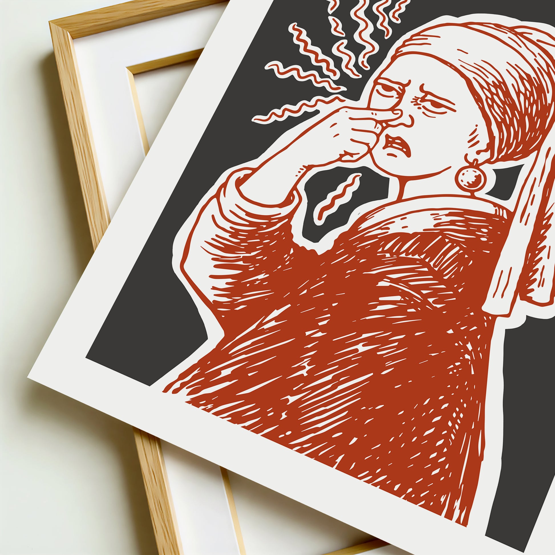 Hand drawn Girl with a Pearl classic art parody poster of a woman pinching her nose with stink lines, funny bathroom art for restroom wall art and powder room decor.