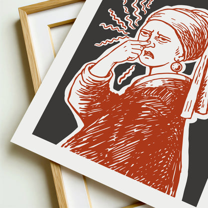 Hand drawn Girl with a Pearl classic art parody poster of a woman pinching her nose with stink lines, funny bathroom art for restroom wall art and powder room decor.