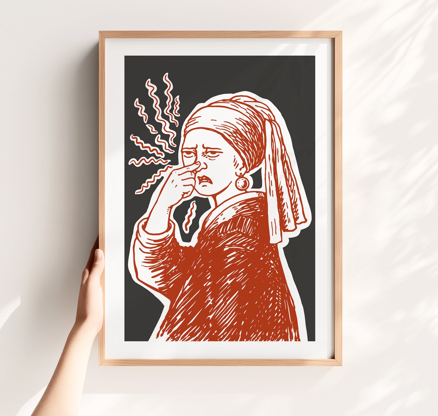 Hand drawn Girl with a Pearl classic art parody poster of a woman pinching her nose with stink lines, funny bathroom art for restroom wall art and powder room decor.