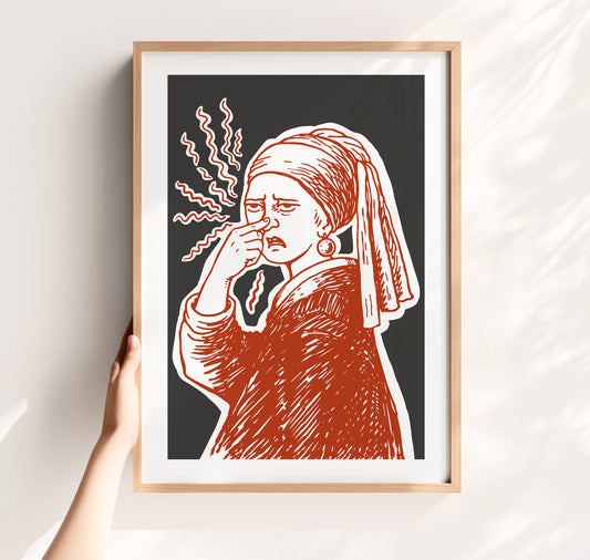 Hand drawn Girl with a Pearl classic art parody poster of a woman pinching her nose with stink lines, funny bathroom art for restroom wall art and powder room decor.