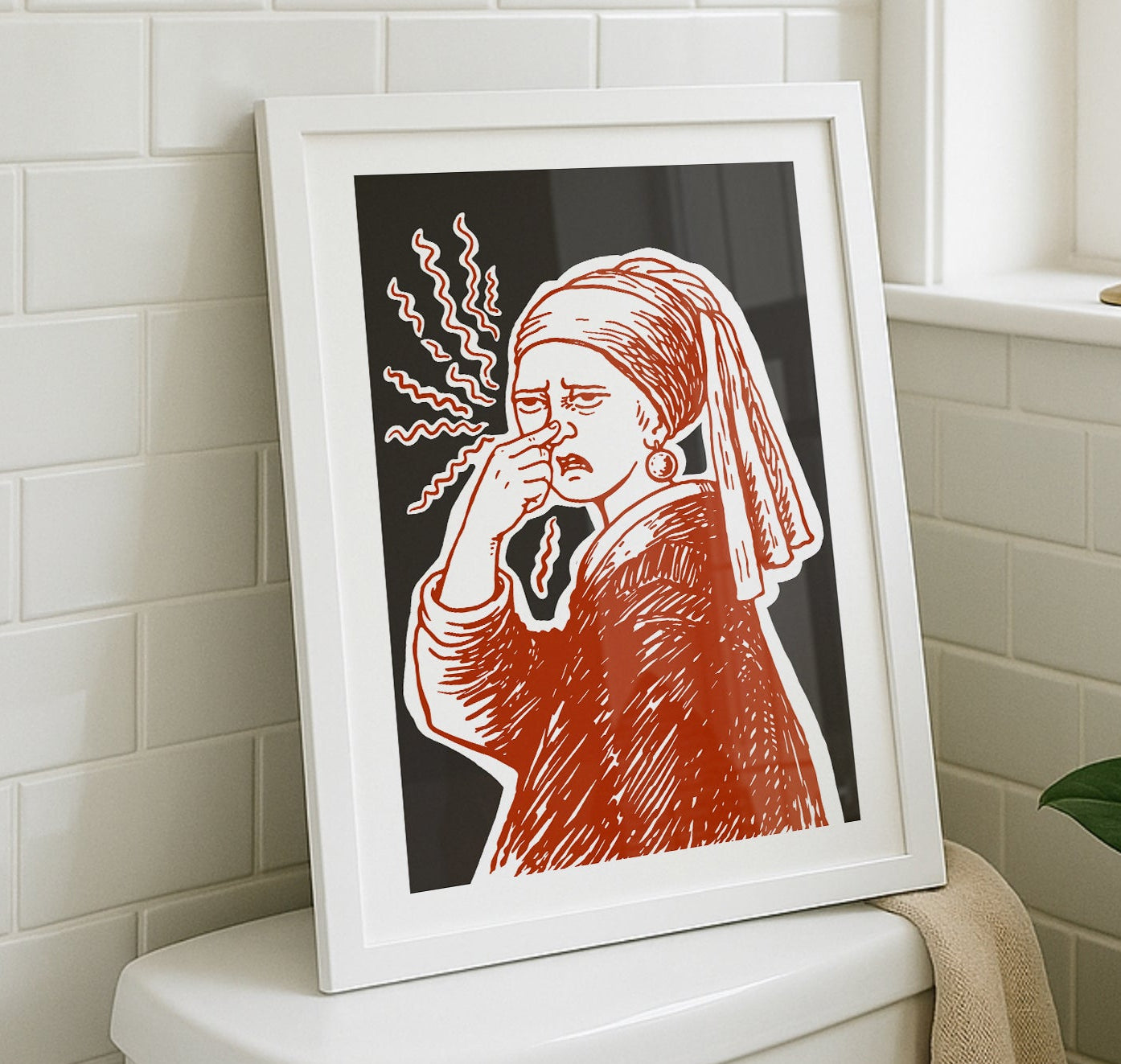 Hand drawn Girl with a Pearl classic art parody poster of a woman pinching her nose with stink lines, funny bathroom art for restroom wall art and powder room decor.