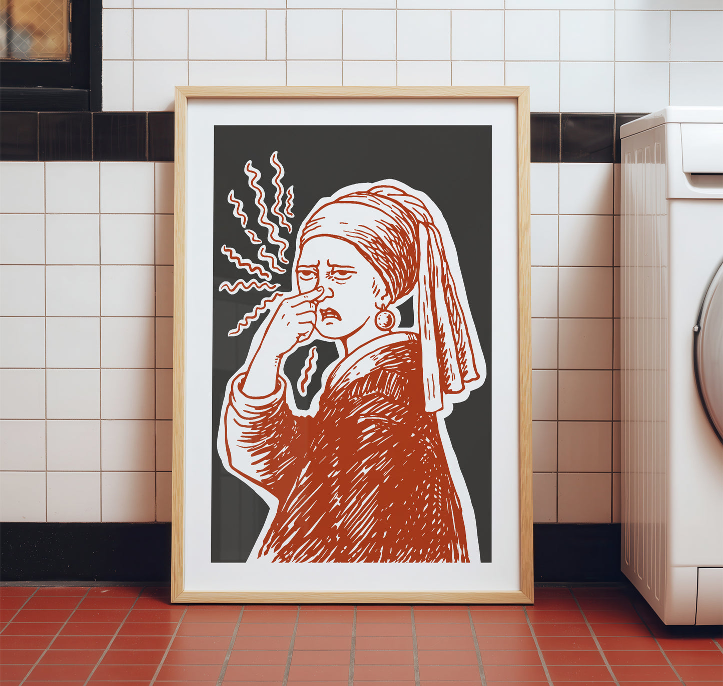 Hand drawn Girl with a Pearl classic art parody poster of a woman pinching her nose with stink lines, funny bathroom art for restroom wall art and powder room decor.