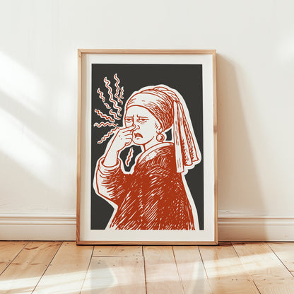 Hand drawn Girl with a Pearl classic art parody poster of a woman pinching her nose with stink lines, funny bathroom art for restroom wall art and powder room decor.