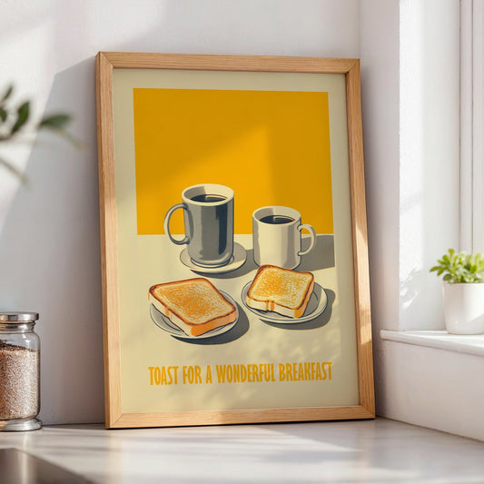 Hand drawn retro diner breakfast poster with two slices of toast and coffee mugs on a table, warm yellow background, text “Toast for a Wonderful Breakfast,” kitchen wall art.