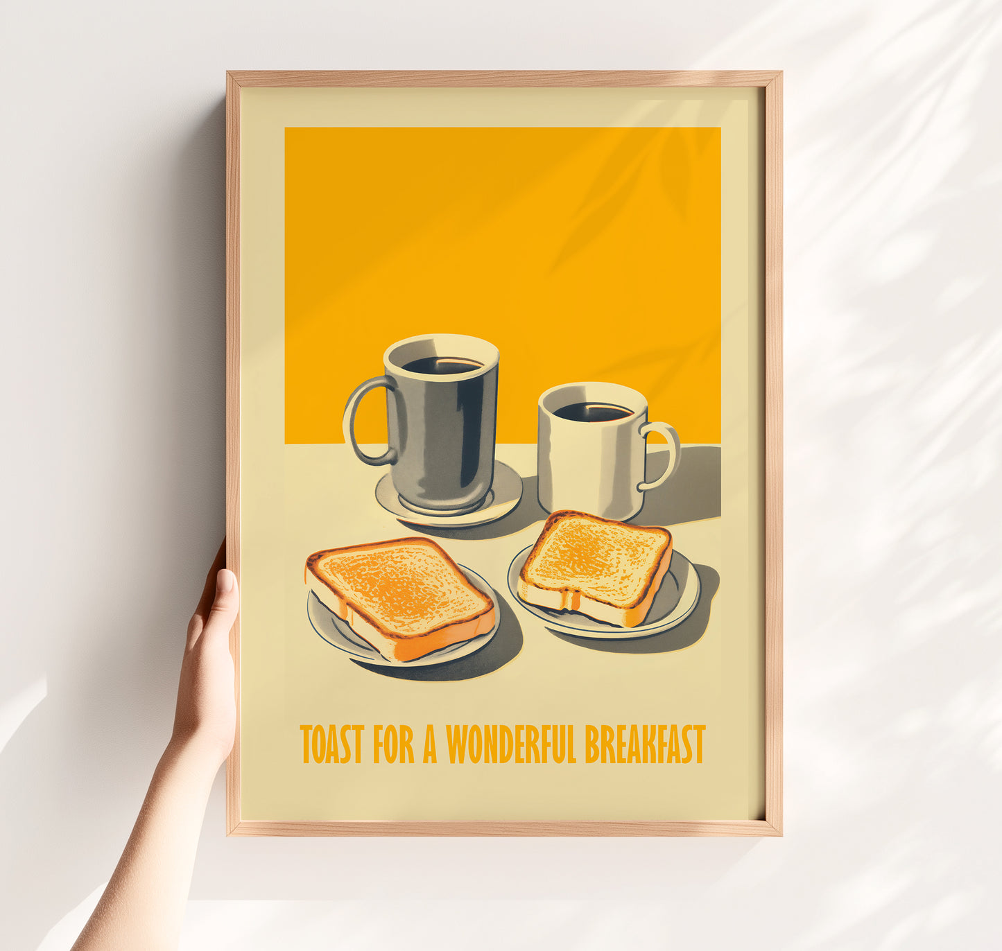 Hand drawn retro diner breakfast poster with two slices of toast and coffee mugs on a table, warm yellow background, text “Toast for a Wonderful Breakfast,” kitchen wall art.